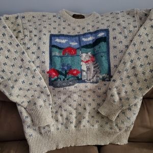 Eddie Bauer Vtg 1989 Womens Pullover Sweater Cat Graphic Wool Blend Size Large
